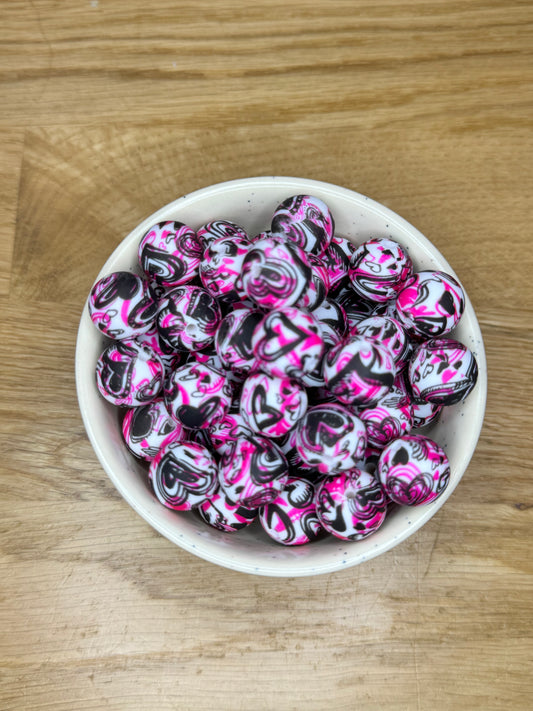 15mm Pink and Black Graffitti Hearts Silicone Bead