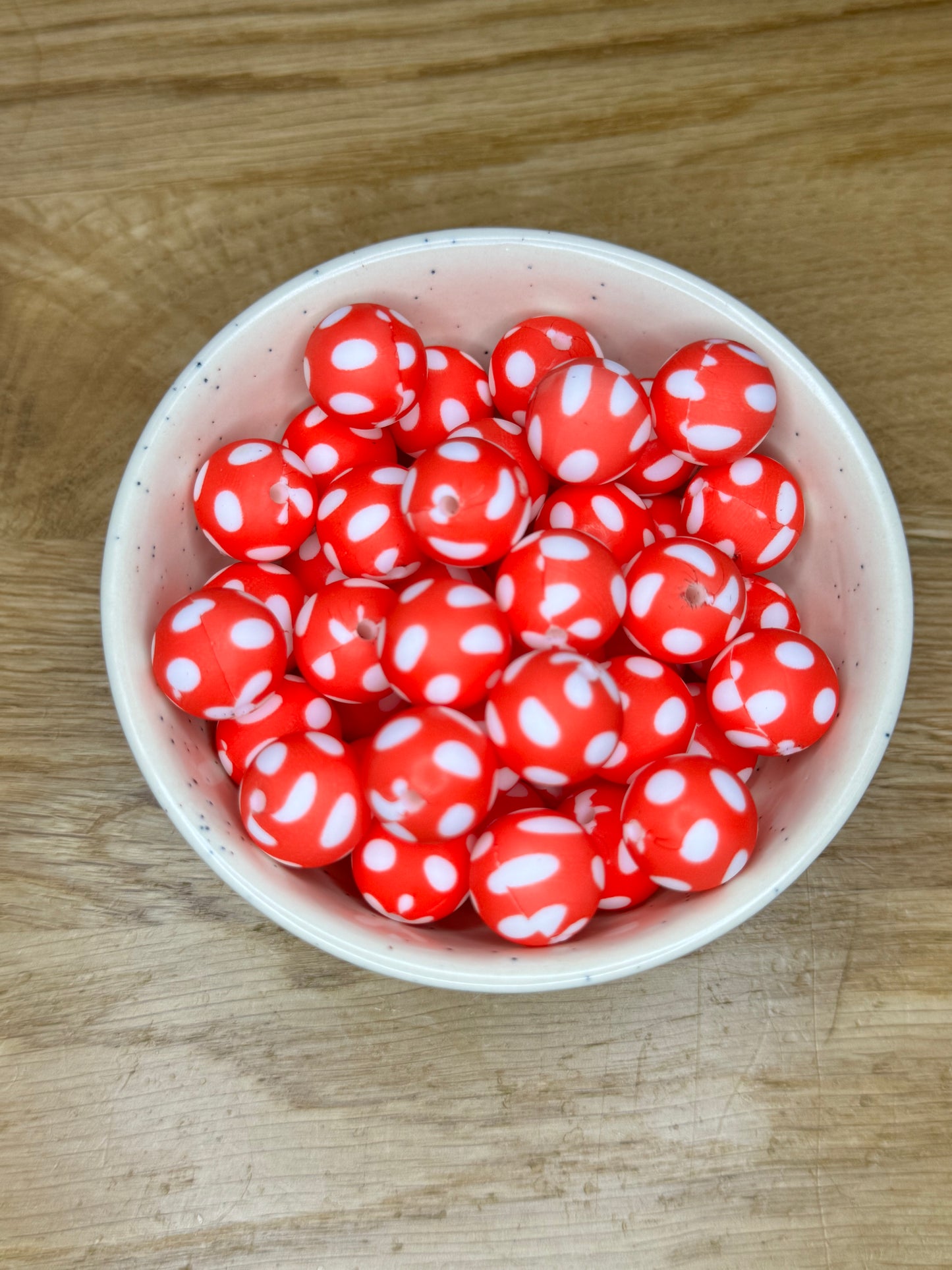 15mm Red and White Polka Dots Silicone Bead