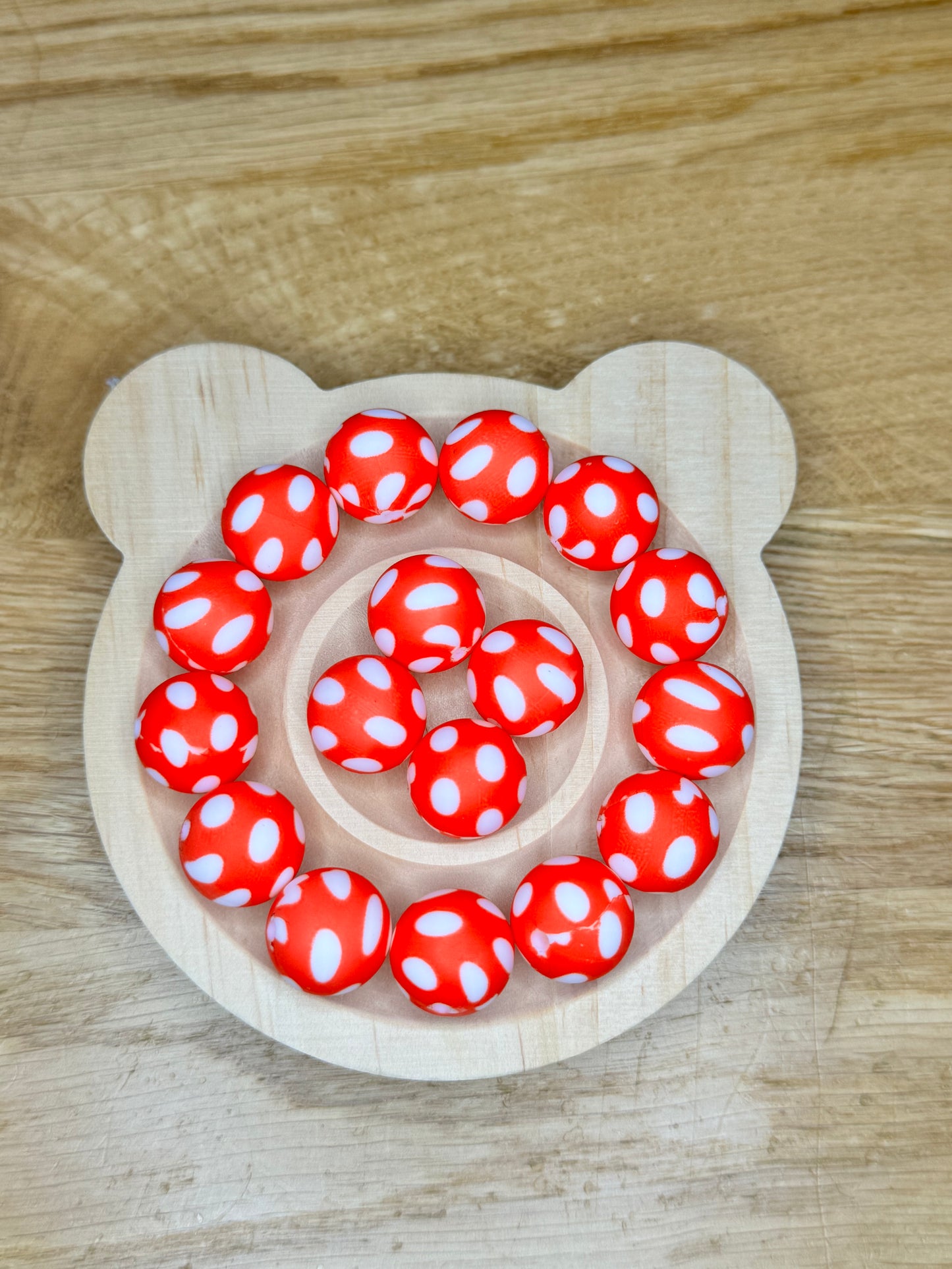 15mm Red and White Polka Dots Silicone Bead